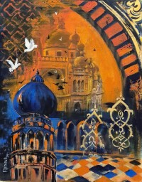 Firdous Siddiqui, Mosque at Sunset, 18 x 24 Inch, Acrylic on Canvas, Cityscape Painting, AC-FRSQ-005